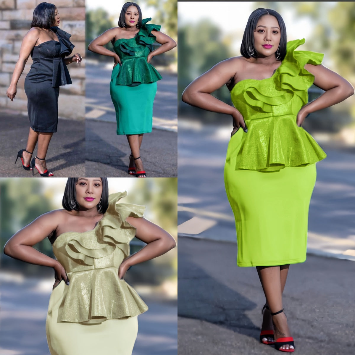 Strapless ruffle peplum midi dress collage: black, dark green, cream, lime