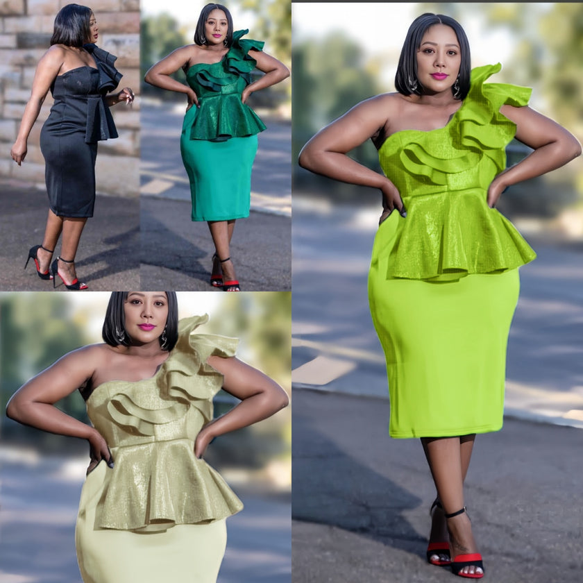 Strapless ruffle peplum midi dress collage: black, dark green, cream, lime