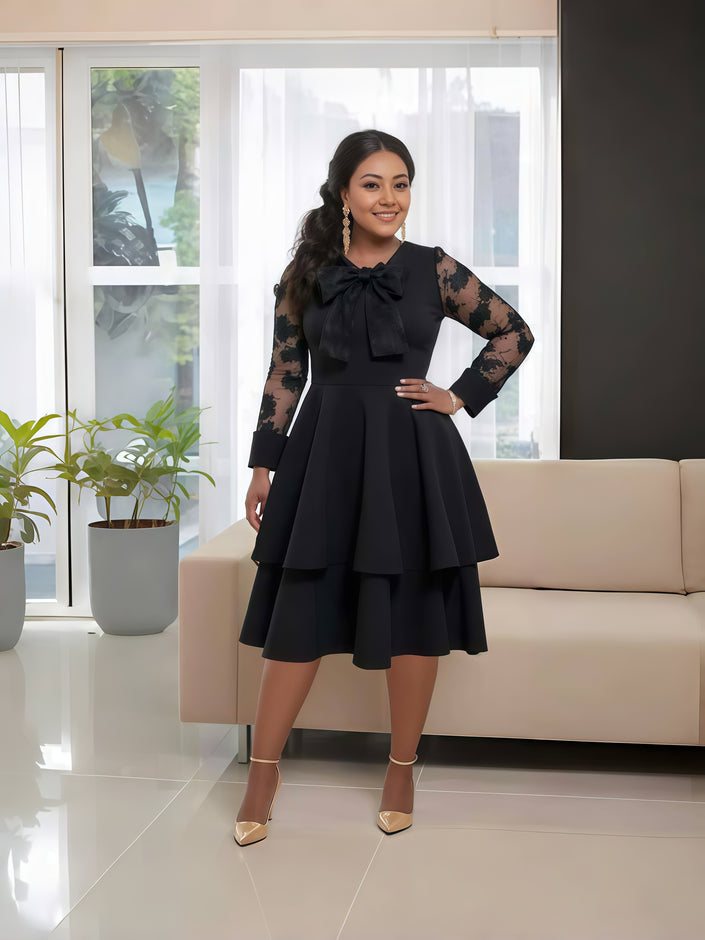 Elegant Bow Decorated Lace Sleeve Layered Dress