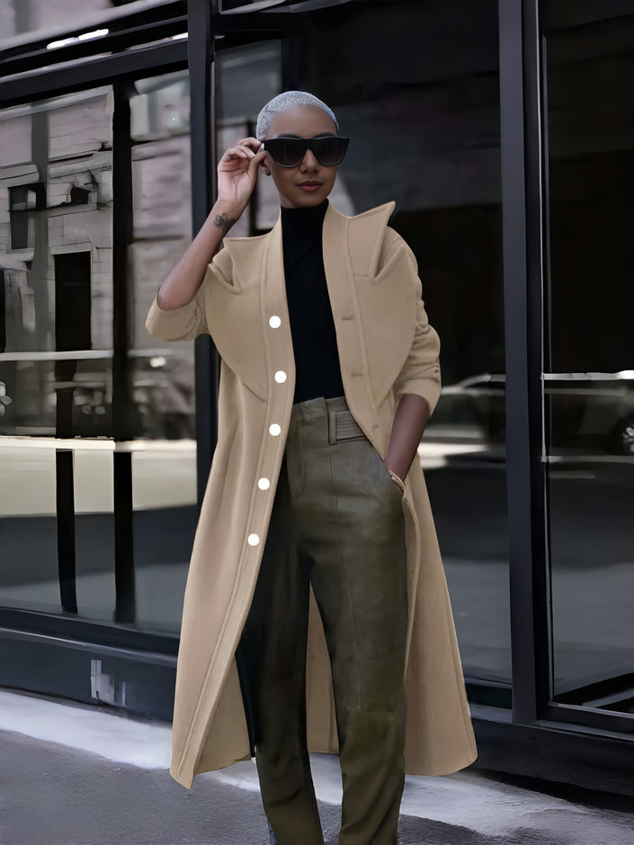 Tan long double-breasted coat with button front and notched lapels
