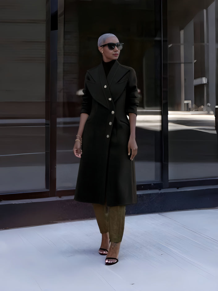 Black long double-breasted coat with button front and notched lapels