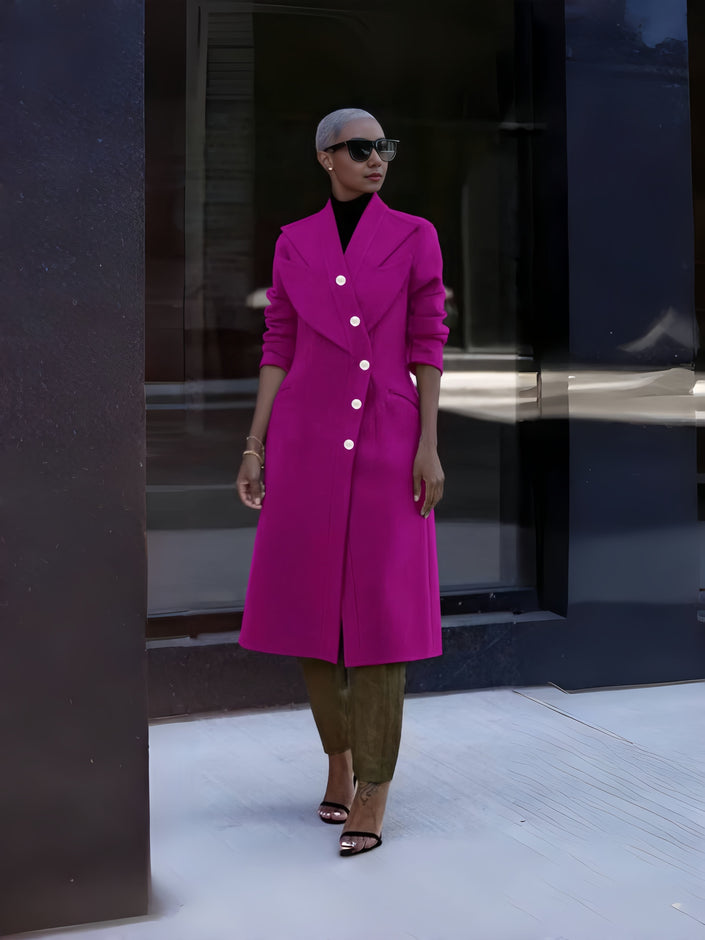 Magenta long double-breasted coat with button front and notched lapels