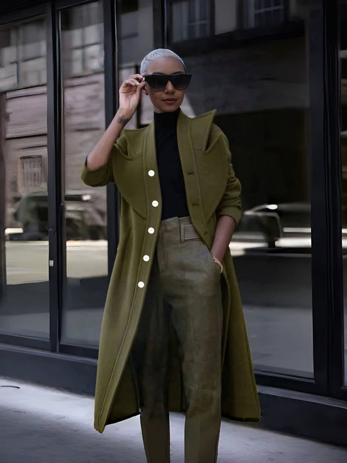 Army-green long double-breasted coat with button front and notched lapels
