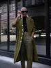 Army-green long double-breasted coat with button front and notched lapels