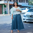 Light blue ruffle blouse and deep teal pleated wide-leg pants set