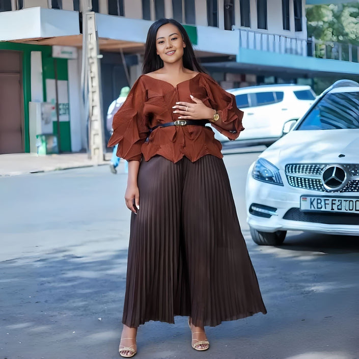 Chocolate-brown ruffle blouse and pleated wide-leg pants set