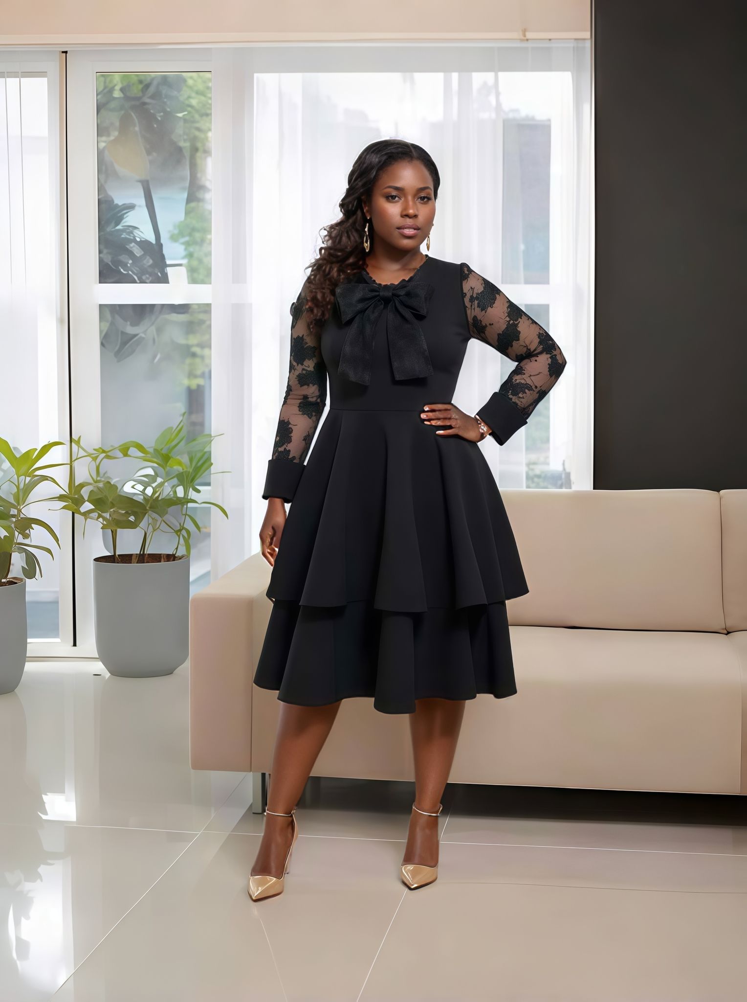 Black lace puff-sleeve midi dress with bow neckline and layered skirt