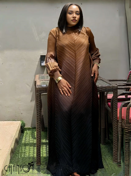 Pleated maxi dress with brown gradient, long puff sleeves, V-neck