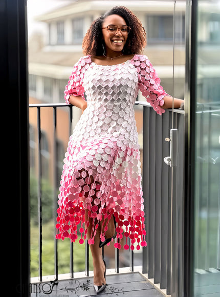 Pink sequin midi dress, scoop neck, three-quarter sleeves, circular fringe hem