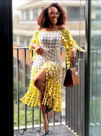 Yellow sequin midi dress, scoop neck, three-quarter sleeves, circular fringe hem