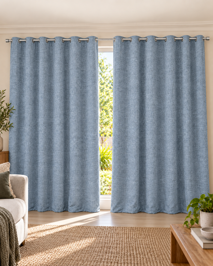 Denim blue textured eyelet curtains, full panels with top grommets and soft vertical texture