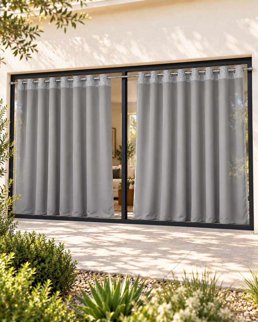 Grey textured eyelet curtain pair with circular grommets and subtle vertical texture