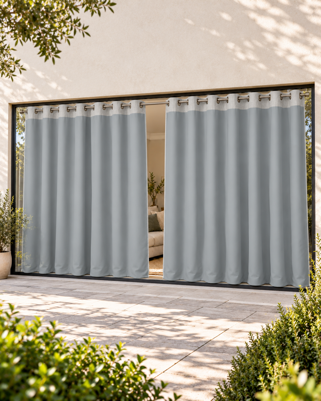 Grey textured eyelet curtains, two full panels with grommet top