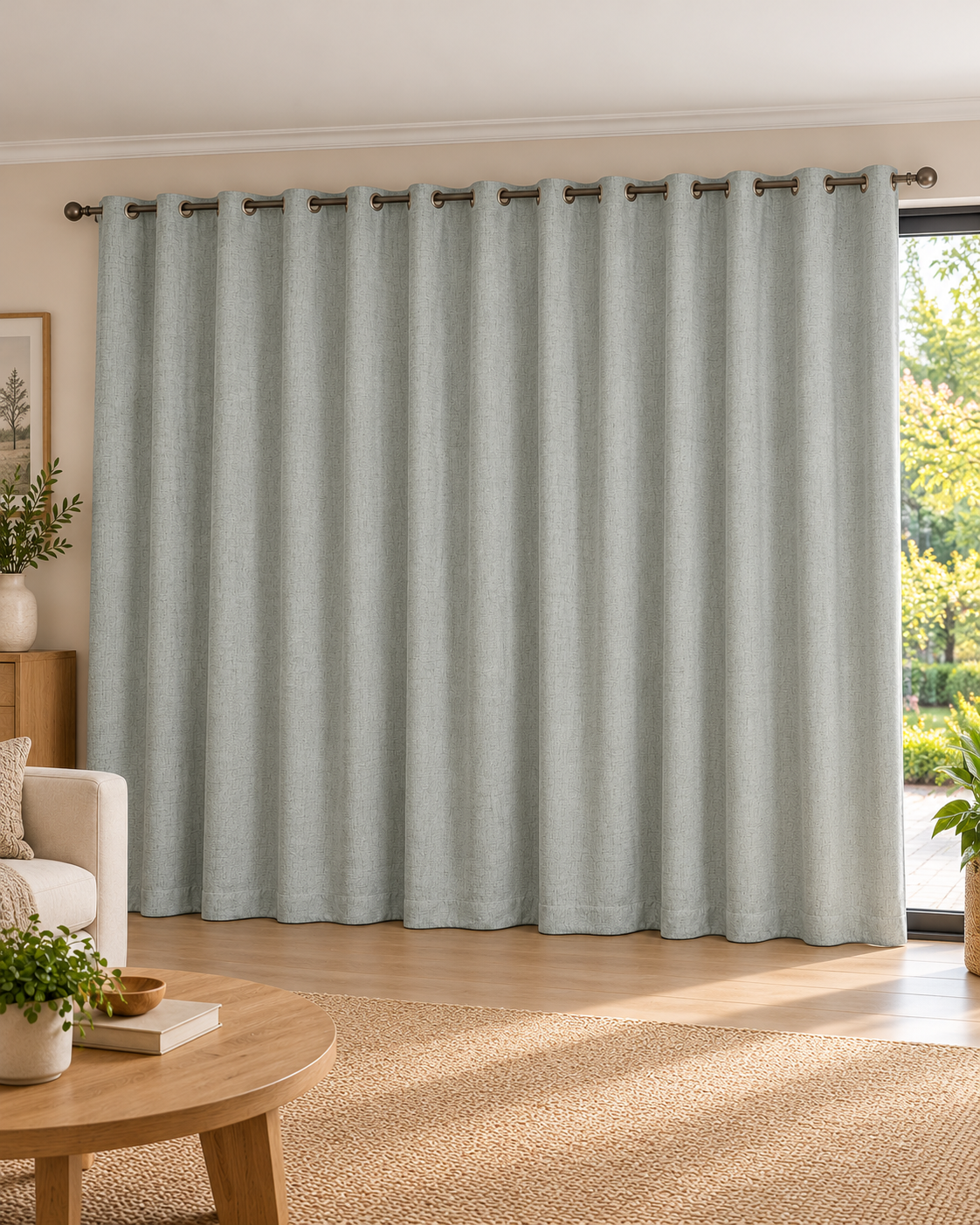 Grey textured eyelet curtain panel with ring grommets along the top edge
