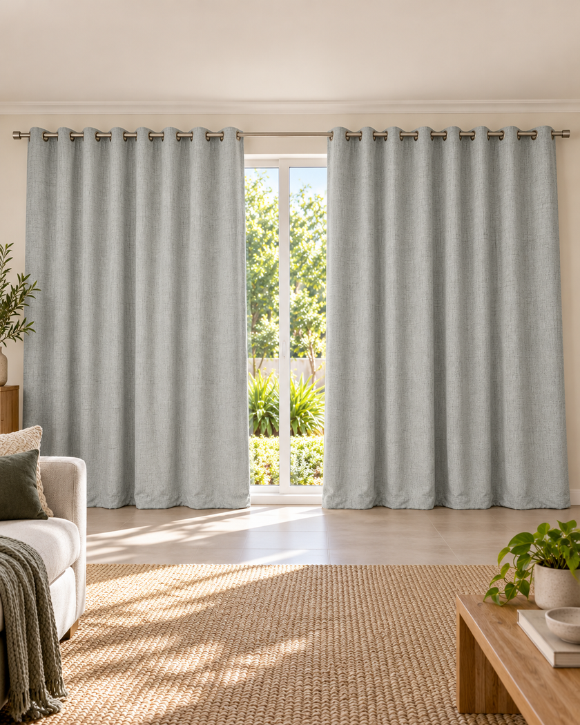 Grey textured eyelet curtains, full-length drape with top grommets