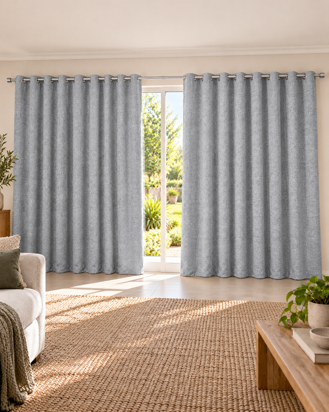 Grey textured eyelet curtains, two side panels with grommet header and vertical weave