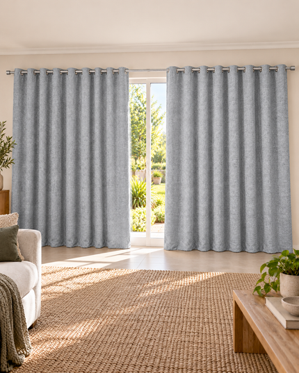 Grey textured eyelet curtains, two side panels with grommet header and vertical weave