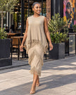 Khaki pleated two-piece set with a sleeveless fringed top and midi skirt