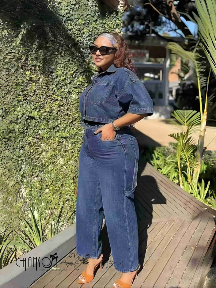 Denim cropped jacket and wide-leg pants set, blue wash, button front and side pockets