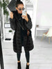 Women's Long Fur Coat with Hood, Detailed Ribbed Design, Full-Length Outerwear