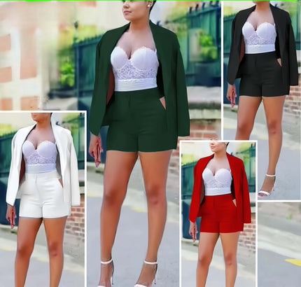 Tailored blazer and high-rise shorts set with matching dark jacket and dark shorts