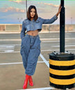 High-Waisted Loose Denim Cargo Pants with Cropped Denim Jacket