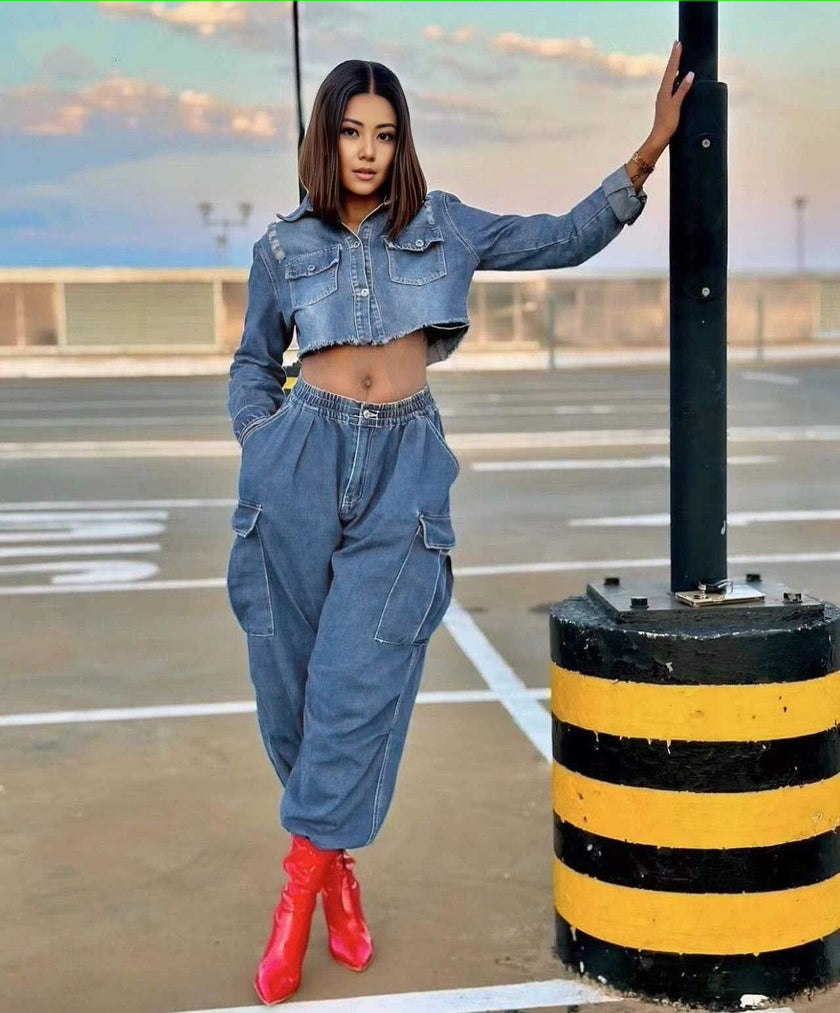 Light blue denim crop jacket and cargo pants twin set with utility pockets