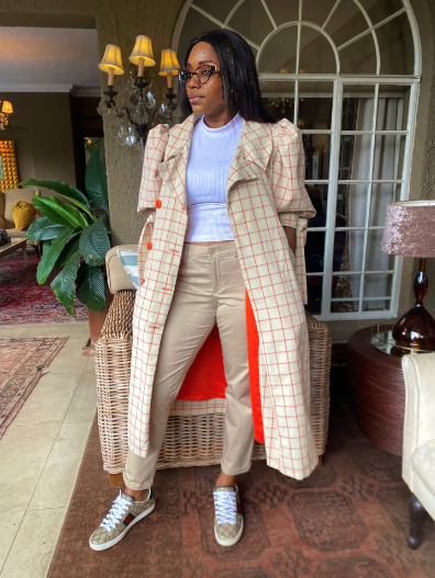 Plaid trench coat (Cream) with puff sleeves, belted layered front