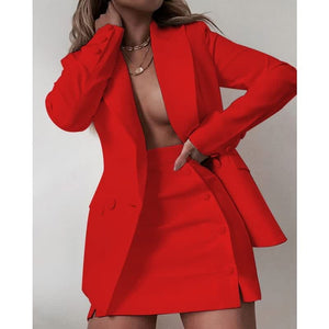 Red blazer dress set with notched lapels and matching mini skirt, buttoned front.