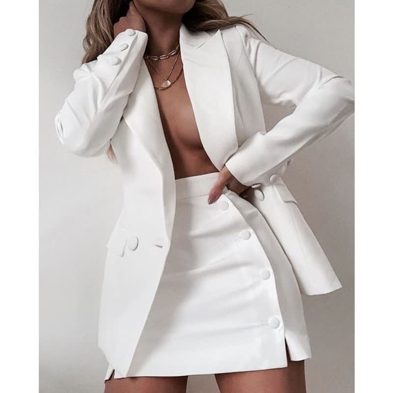 White blazer dress set with notched lapels and matching mini skirt, buttoned front.