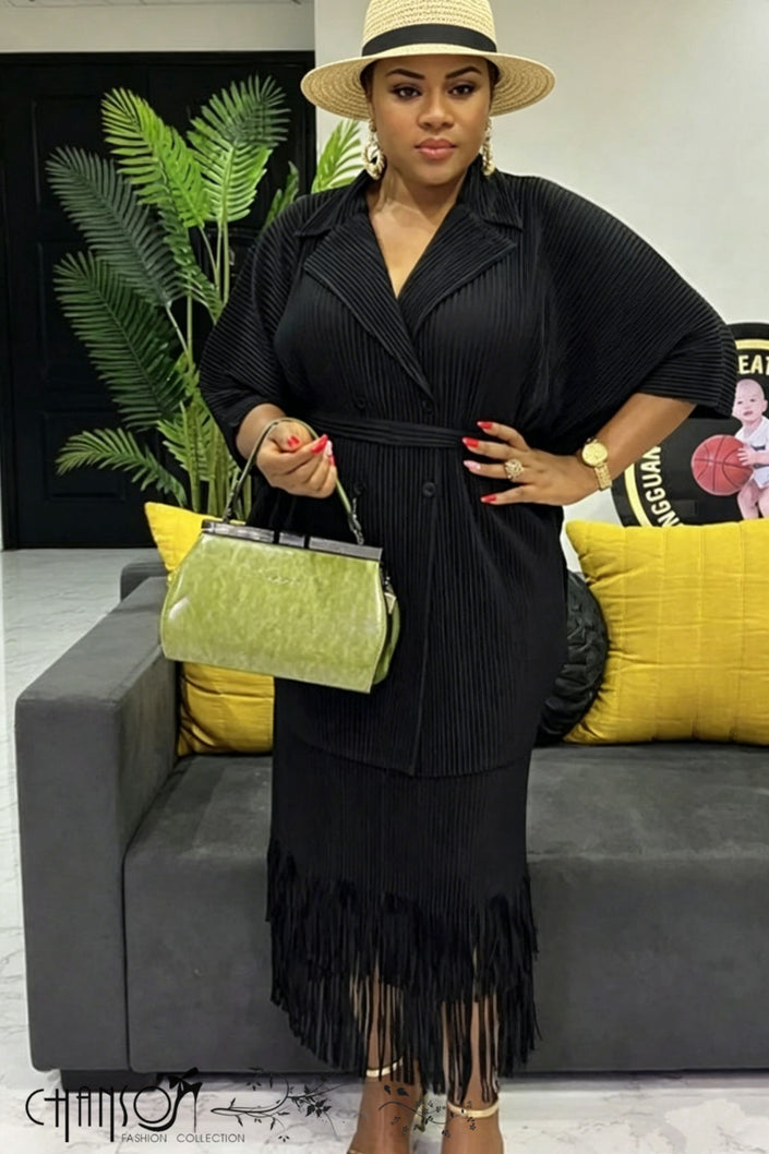 Black twin set: pinstripe kimono-style top with fringe, pleated skirt