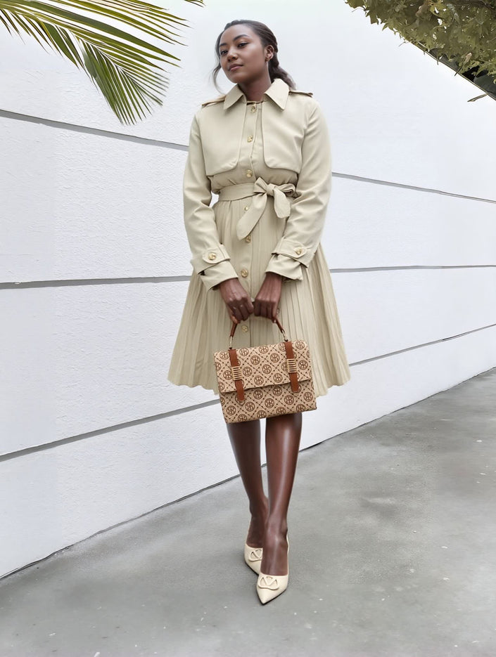 Belted pleated midi trench coat with tie waist and front button placket