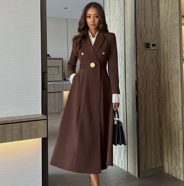 Coffee brown midi coat dress with gold buttons, V-neck, and long sleeves
