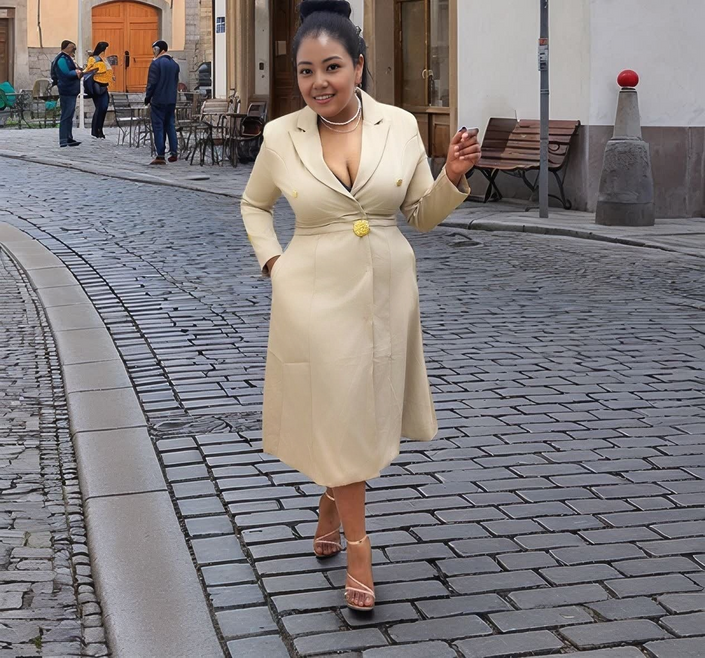 Khaki midi coat dress with gold button front, V-neck, and fitted waist