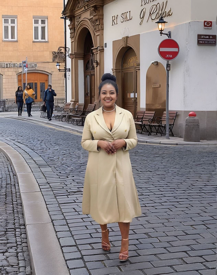 Khaki midi coat dress with gold buttons, V-neck, and long sleeves