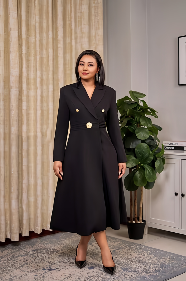 Black midi coat dress with gold buttons, V-neck, and tailored long sleeves
