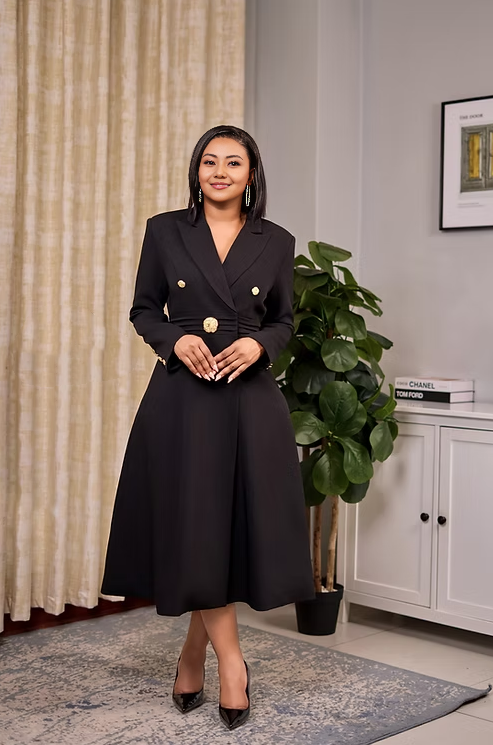 Women's  Long Coat Dress with Gold Button Detail