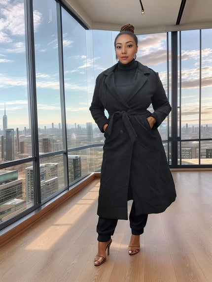 Black Double-Breasted Long Coat Formal Winter Outerwear