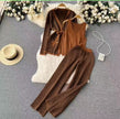 Brown knit cardigan vest and trousers set, geometric pattern, tied cardigan, sleeveless top