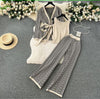 Black-and-cream knit cardigan vest and trousers set, geometric pattern, wide-leg pants