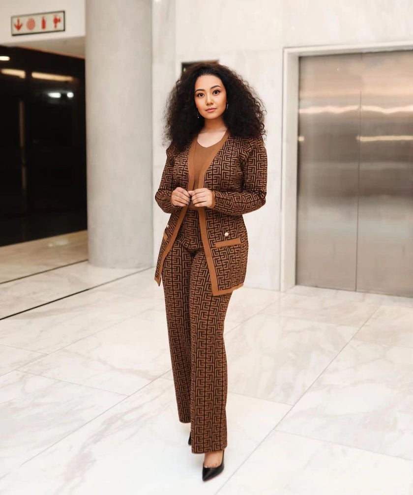 Brown knit cardigan vest and trousers set, geometric pattern, matching pants