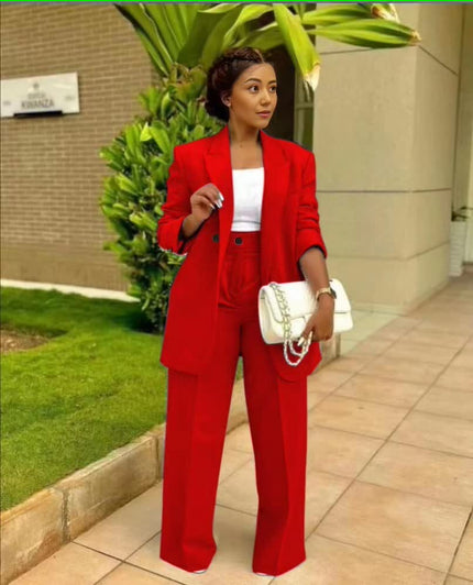 Red structured blazer and straight-leg trouser suit set