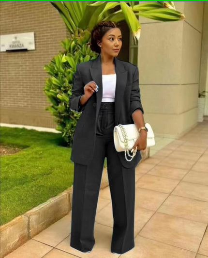 Dark gray structured blazer and straight-leg trouser suit set