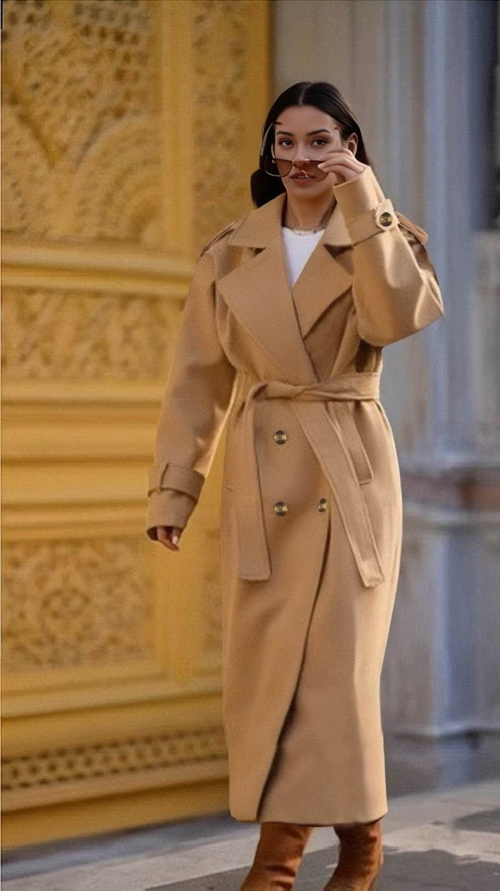 Double-Breasted Belted Long Coat with Oversized Lapels