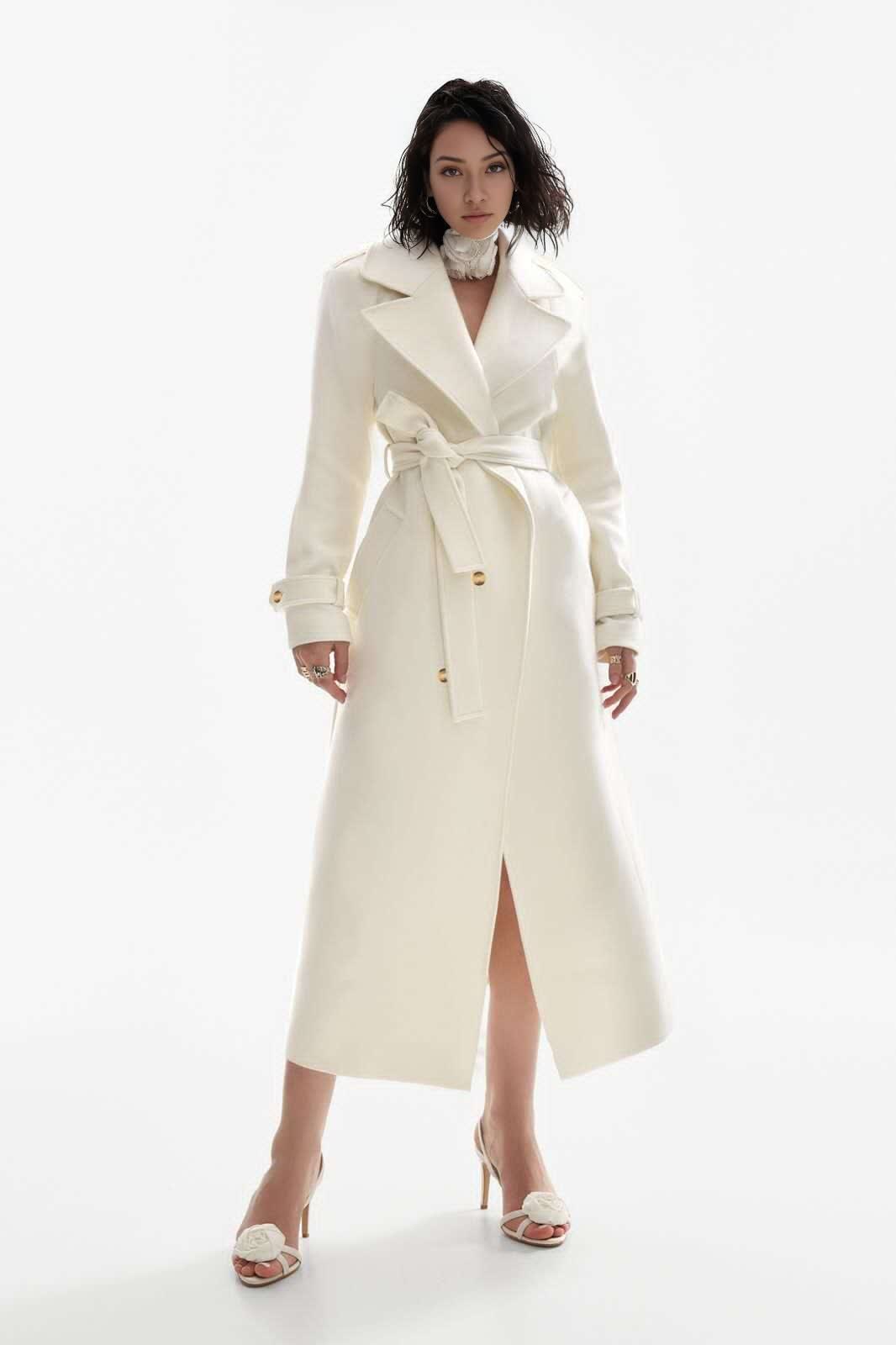 White double-breasted belted coat with wide lapels and long sleeves, midi length.