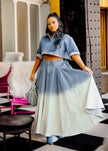 Denim ombre maxi skirt outfit with cropped jacket, light blue to white gradient, front buttons