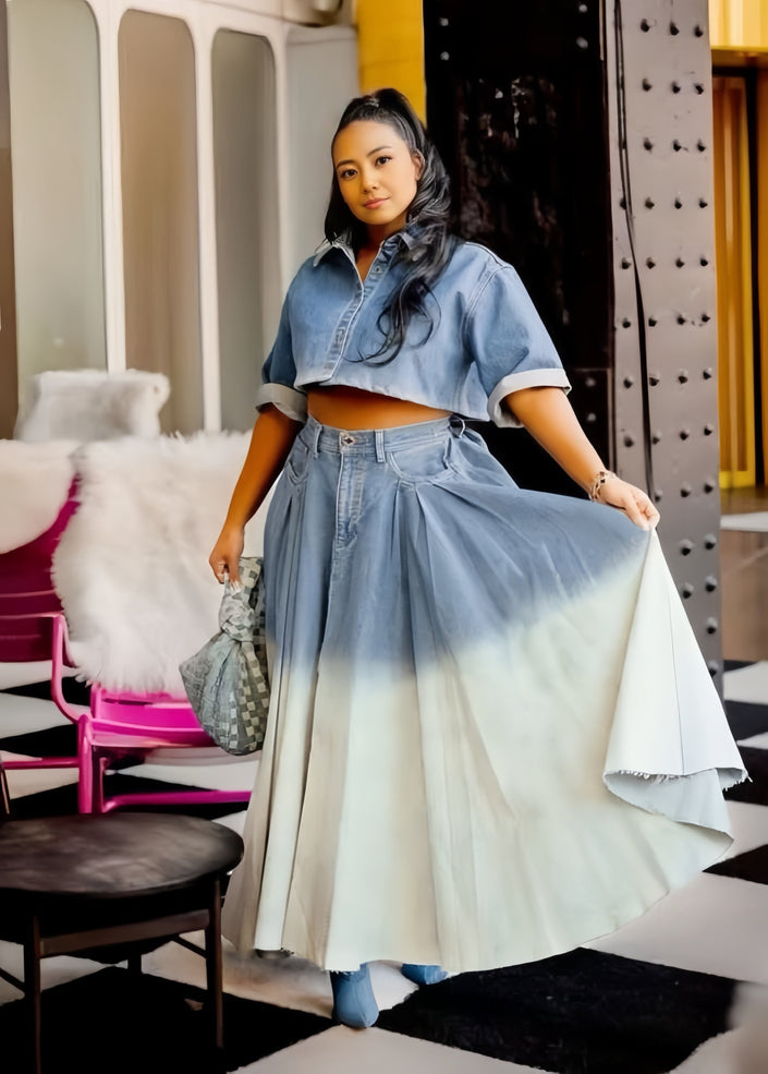 Denim ombre maxi skirt outfit with cropped jacket and flared long skirt