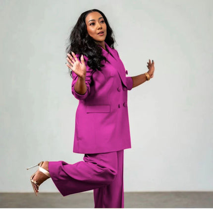Deep-pink twin set: double-breasted blazer with matching trousers, workwear suit