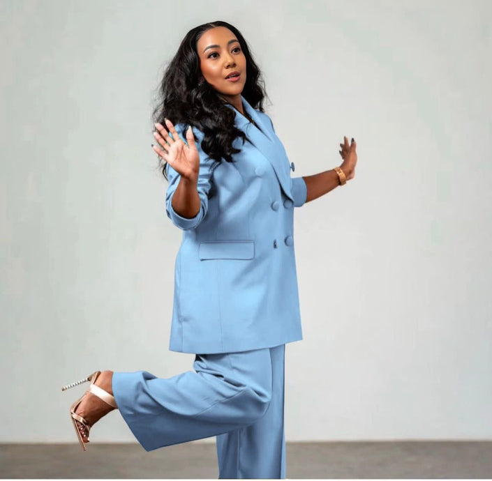 Sky blue twin set suit with double-breasted blazer and matching straight-leg trousers