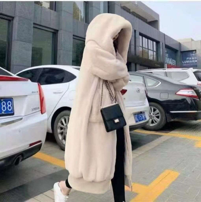 Plush hooded coat, light beige, loose fit with large hood and front pockets